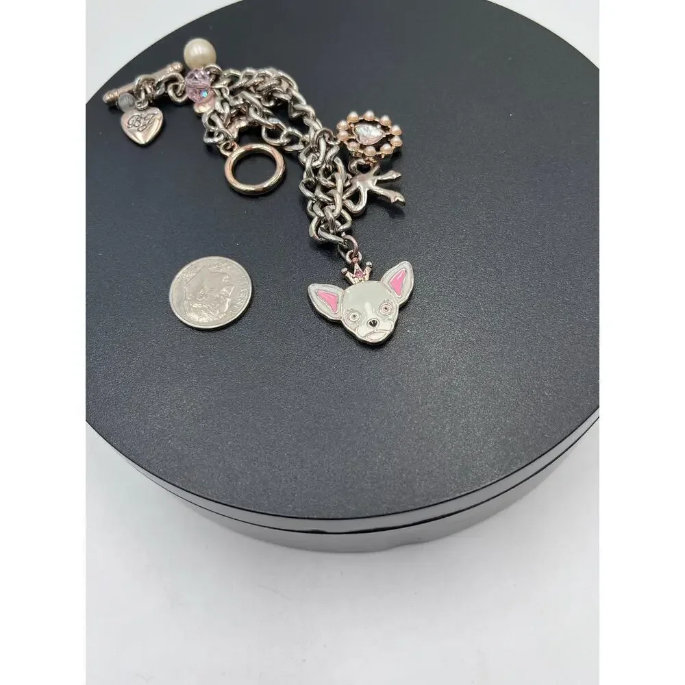 Betsey Johnson Love Me Chihuahua Dog Bone Heart Charm Bracelet Rare Rose Gold‎